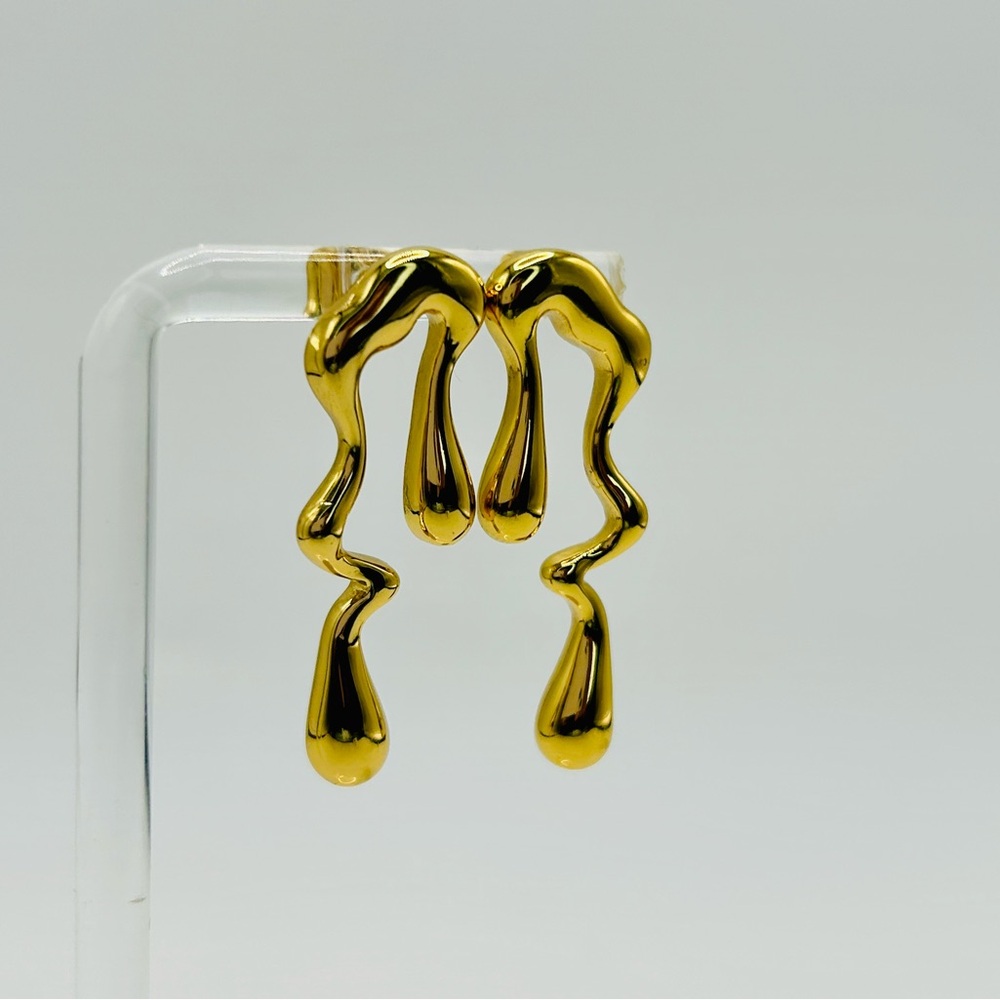 Gold Abstract Drip Earrings | Stainless Steel Liquid Metal Look - Picture 3 of 5
